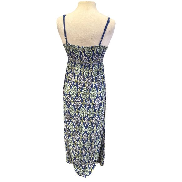 Blue & Green Patterned Maxi Dress With Adjustable Spaghetti Straps Elastic Back - Picture 3 of 6